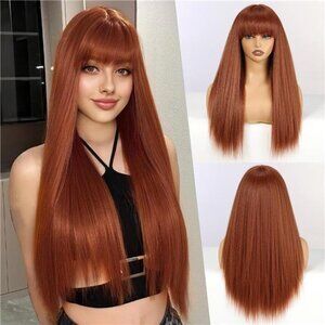 Long Straight Yaki Wigs for Women with Bangs Comfortable Elastic Band 26